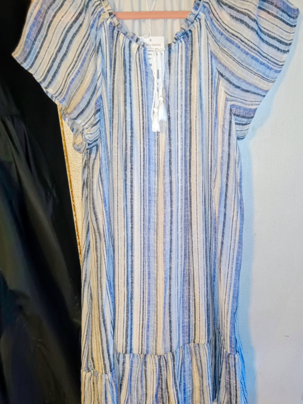 Marissa Olivia Striped Shift Dress Tassel Tie Midi Flutter Sleeve Round Neck